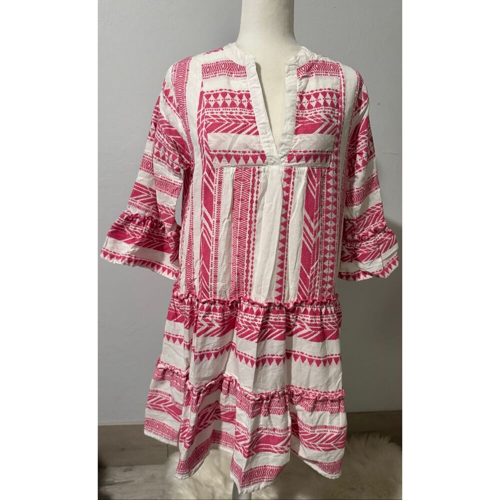 THML Cotton pink white embroidered geometric tunic dress M - Picture 2 of 10